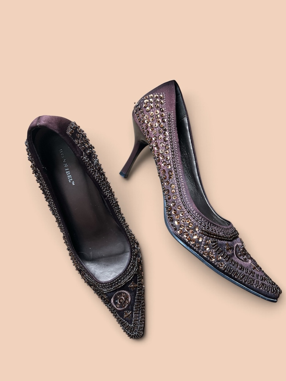 Bonnibel Y2K Beaded Embellished Brown Pointed Toe Kitten Heels